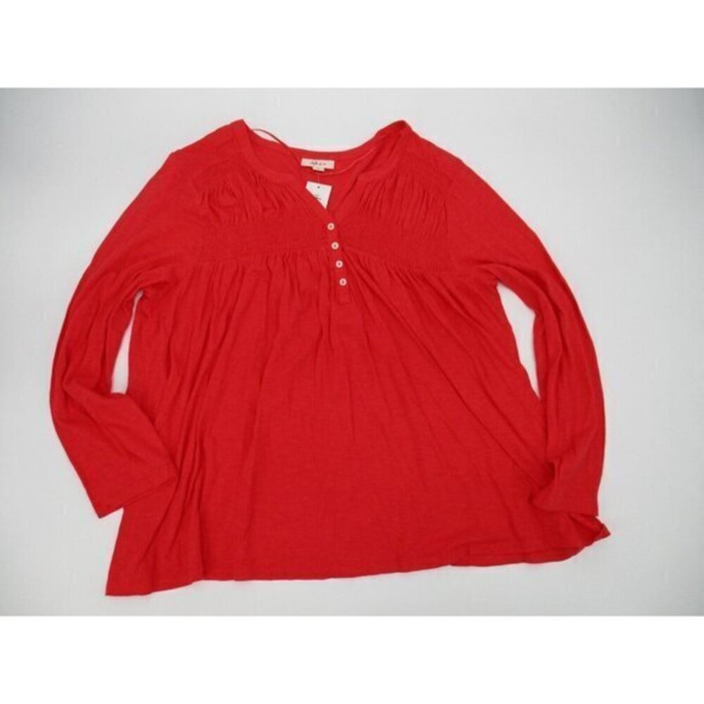 Style & Co Womens Blouse 2X Red V Neck Long Sleeves Ladies Stretch New Preppy